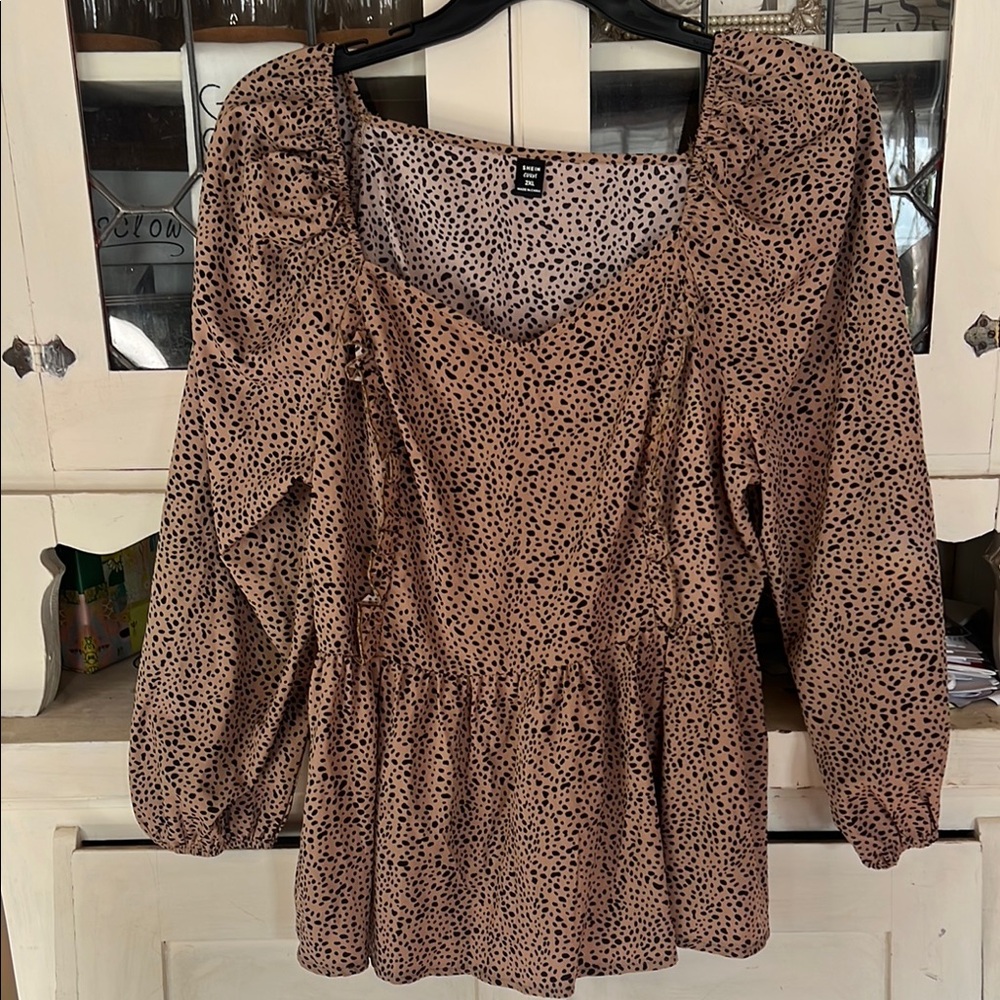 Women's Tan and Black Polka Dot Top